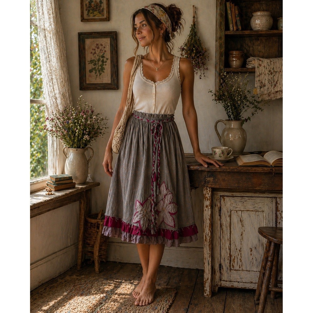 Boho Whimsigoth Tiered Skirt Sz M Gray Berry Raw Hem Floral‎ Applique Tie Waist